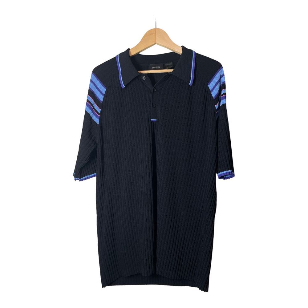 Claiborne 90s Vintage Mens Ribbed Polo Shirt Black Striped Sleeve Retro XL
